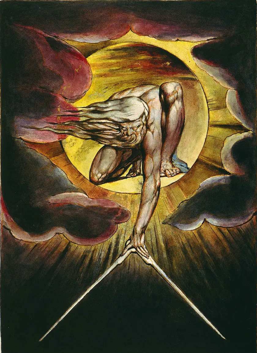 An old man with a long white beard, blown sideways by the wind, kneels inside a blazing yellow circle among dark clouds. He reaches straight down into the dark with a pair of compasses.