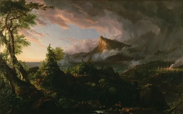A wild valley at dawn, hunters in the forest under a crag.