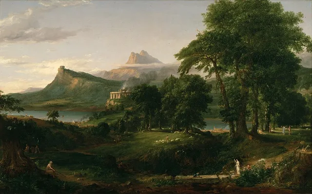 The same valley cleared into pasture, a stone circle, shepherds and a boat.