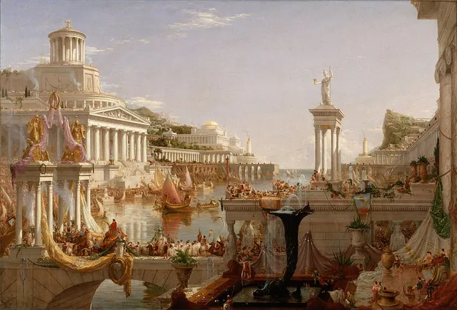 The valley filled with marble temples and a triumphal procession over a crowded harbor.