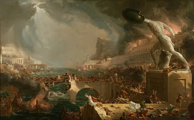 The city burning under a storm while invaders sack it and a bridge collapses.