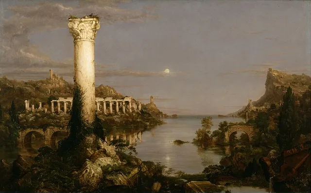Ruins overgrown with vines under a moon, the crag unchanged above them.