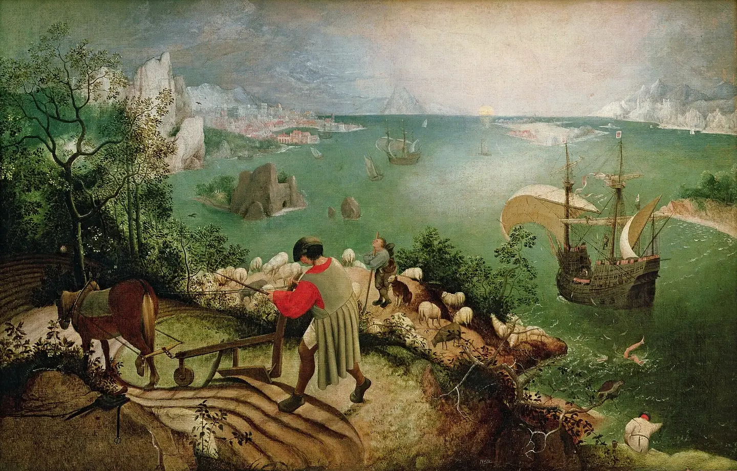 Landscape with the Fall of Icarus: a ploughman in a red shirt works a field above a green bay full of ships, a shepherd gazes at the sky, and in the lower right corner two small legs splash into the sea.