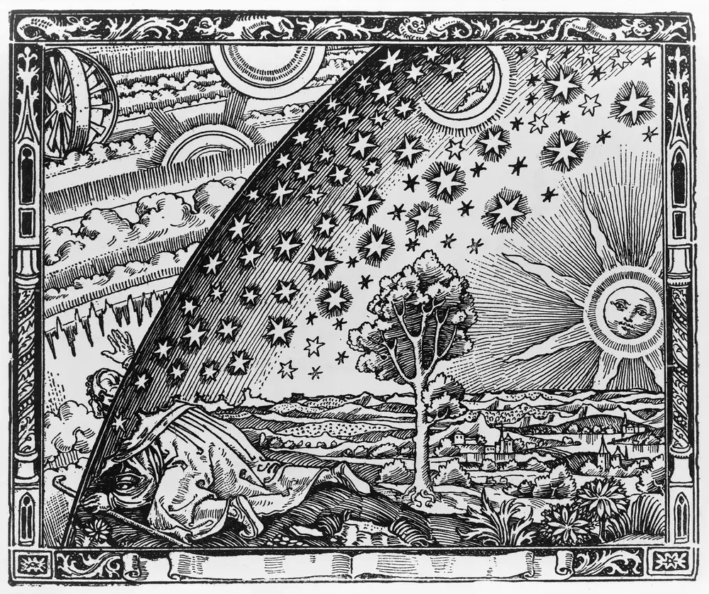 Black and white engraving: a traveler in a robe kneels at the edge of the flat earth, pushes his head through the dome of the sky, and sees the wheels and fires that drive the heavens.