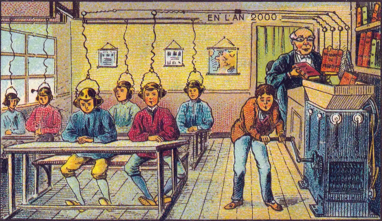 A colored card: pupils sit at desks wearing helmets wired to the ceiling, while a teacher drops books into a large machine and a boy turns its crank. A sign on the wall reads En l’an 2000.