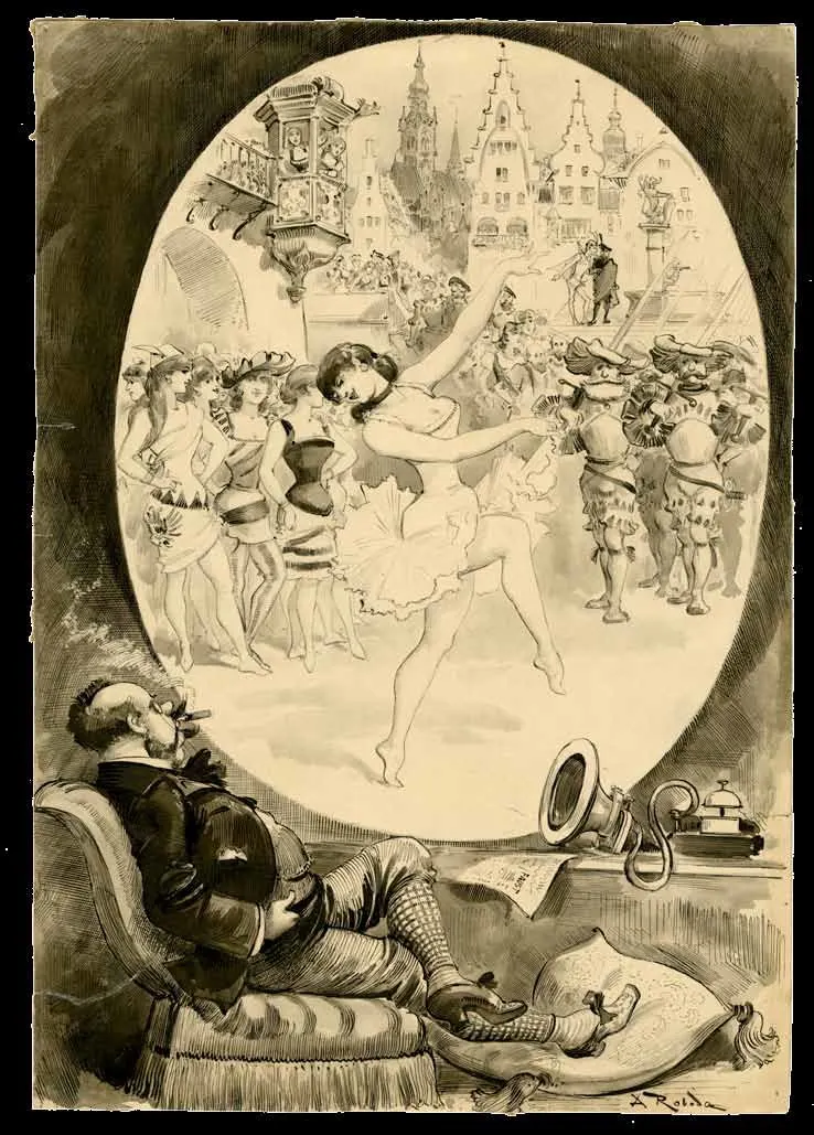 Ink drawing: a stout man in a suit reclines on a sofa smoking a cigar while a stage performance, a dancer and a chorus in a medieval town square, plays inside a large oval screen on the wall in front of him.