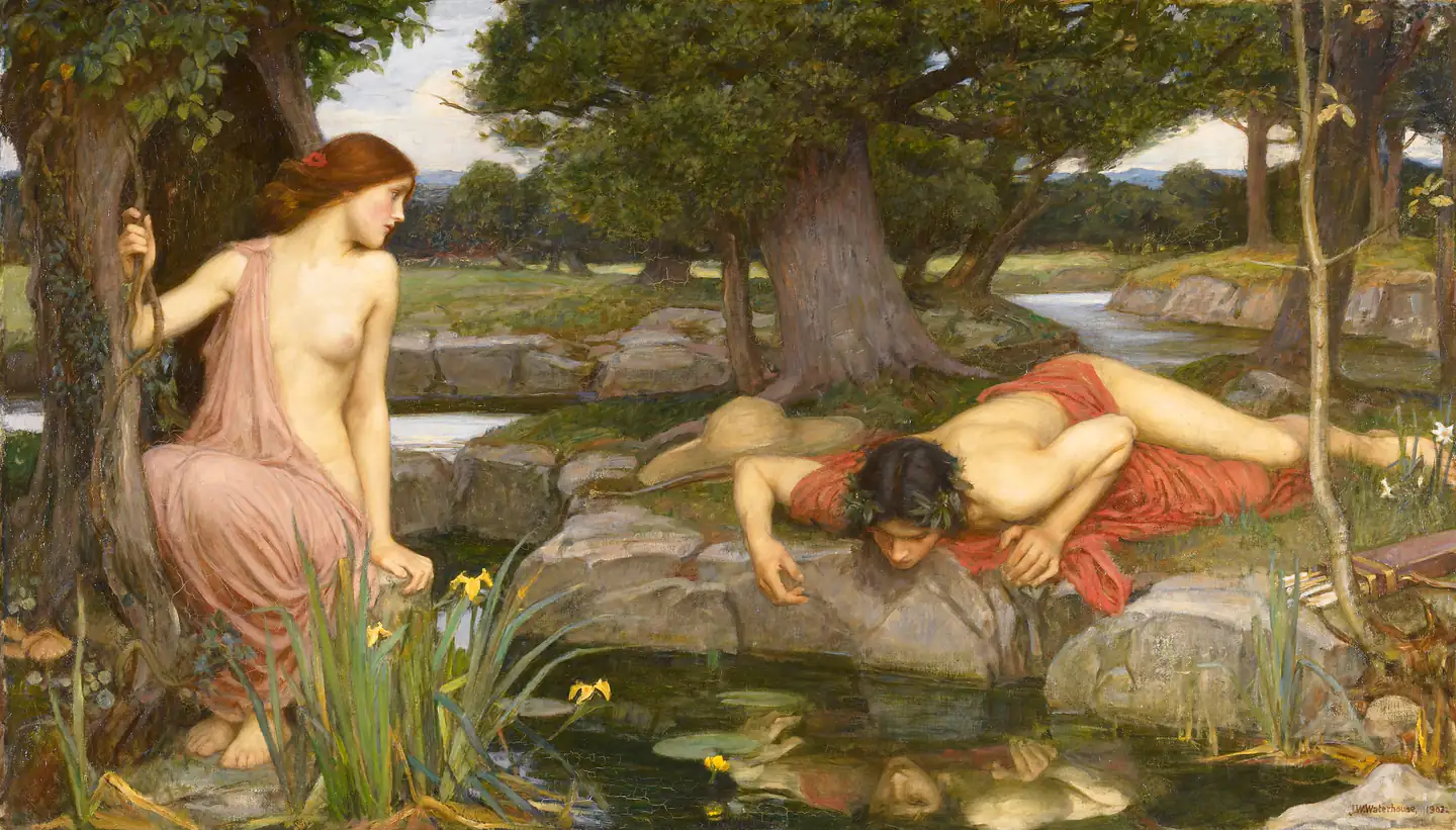 A young man in a red cloth lies on a rock at the edge of a forest pool and stares down at his own face in the water. A few steps away, a young woman in a pink robe sits by a tree and watches him. He doesn’t look up.