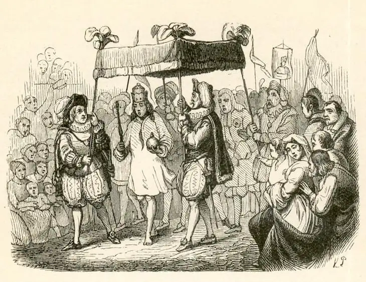 An old engraving of a street procession. Under a tall canopy held up on poles walks an emperor in a crown and a thin undershirt, holding an orb. Richly dressed courtiers walk beside him with straight faces. Crowds watch from both sides. On the right, a mother holds a small child.