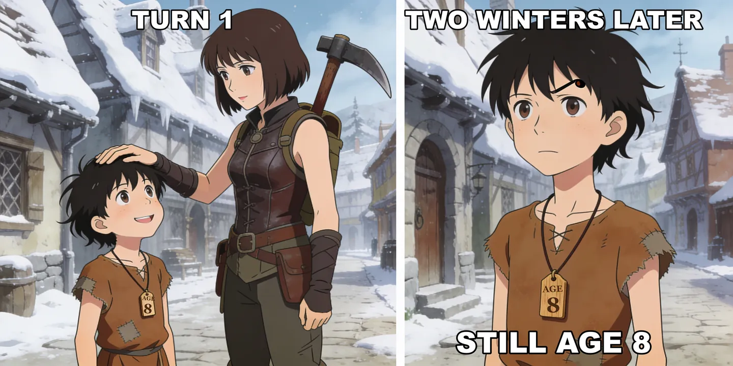 A two-panel anime meme. Left, captioned Turn 1: a small smiling boy in a patched tunic wears a wooden tag reading Age 8, and his older sister, an adventurer with a pickaxe, pats his head in a snowy village. Right, captioned Two winters later: the same boy, now taller and older, frowns. His tag still reads Age 8. The bottom caption says Still age 8.