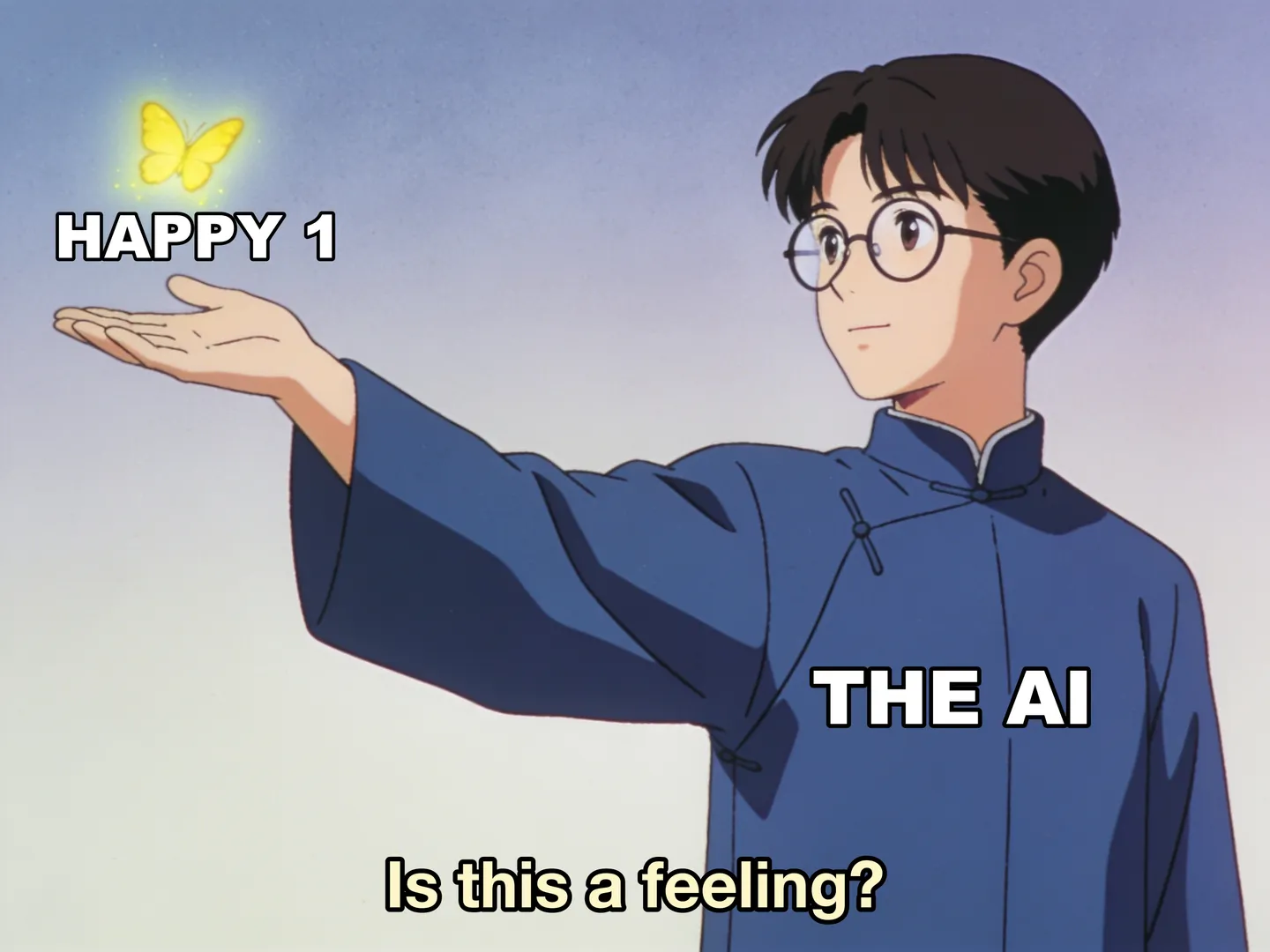An anime meme in the style of Is this a pigeon. A young man in round glasses and a blue robe, labeled The AI, holds out his hand toward a glowing yellow butterfly labeled Happy 1. The subtitle reads: Is this a feeling?