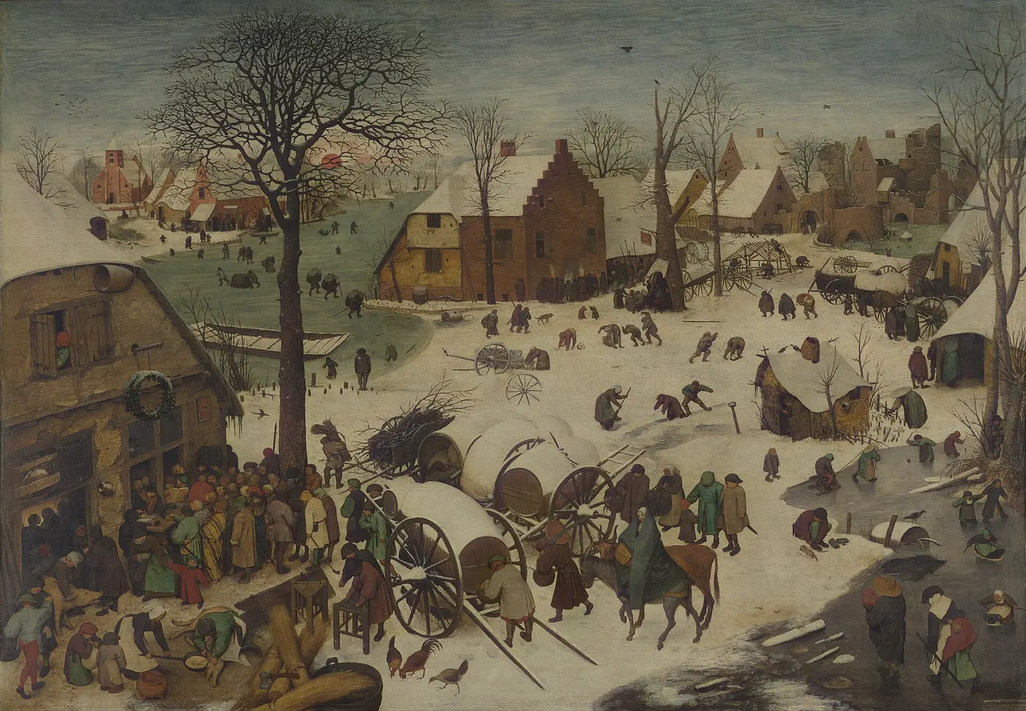 A Flemish village in deep snow at sunset. A crowd presses around the door of an inn, where a clerk writes at a table by the window. In the corner, people are killing a pig. Children slide and play on the ice. Near the bottom, right of center, small and easy to miss, a woman in a blue-green cloak rides a donkey beside an ox, behind a man carrying a saw on his shoulder.
