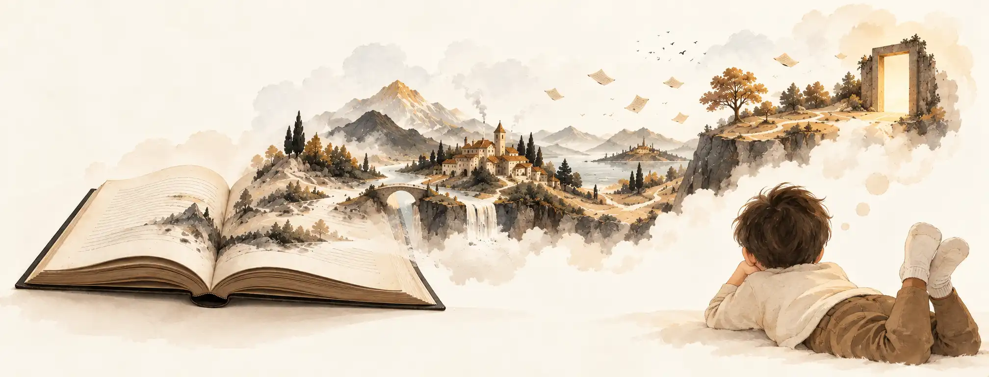 An open Codex connects a map, a character, and a branching story path to a doorway into the world.